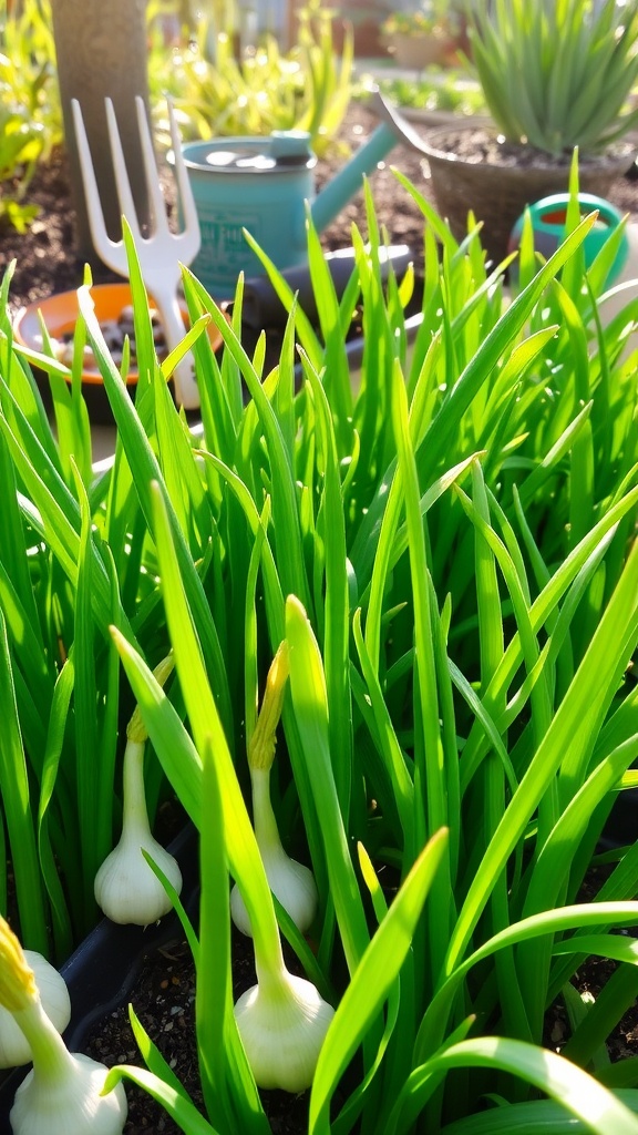 A thriving garlic garden with healthy green shoots in a sunlit setting.